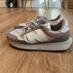 New Balance Beige and White Platform-Style Sneakers